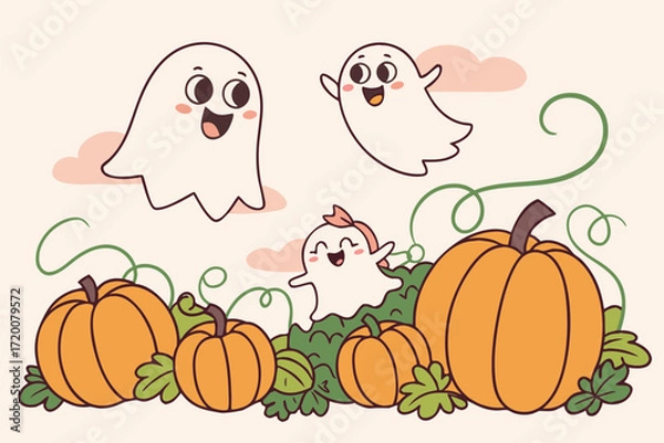 Fototapeta Cute cartoon ghosts and pumpkins, happy halloween illustration with clouds vector background