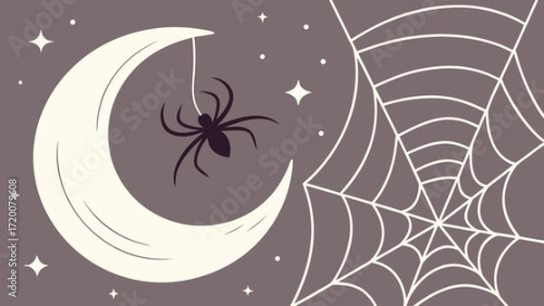 Fototapeta Halloween night with a crescent moon, spider, and cobweb against a starry sky vector background