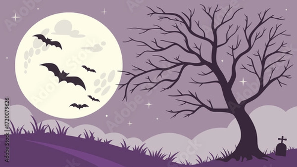 Fototapeta Bats fly in front of a large full moon near a bare tree on a spooky purple hill with a tombstone vector background