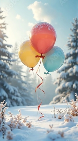 Fototapeta Pastel Balloons Adrift Over Snowy Branches in Winter Wonderland with Ribbon Streamers and Snowflakes Gleaming