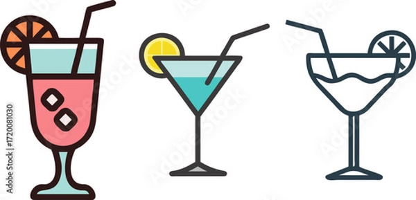 Obraz Delicious Cocktails with Tropical Fruits and Fresh Ice Cubes Vector Illustration