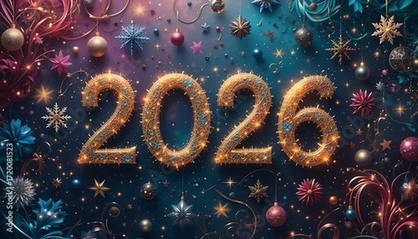 Fototapeta Festive 2026 Celebration Scene With Glittering Numerals In Snowy Forest Under Starry Night
