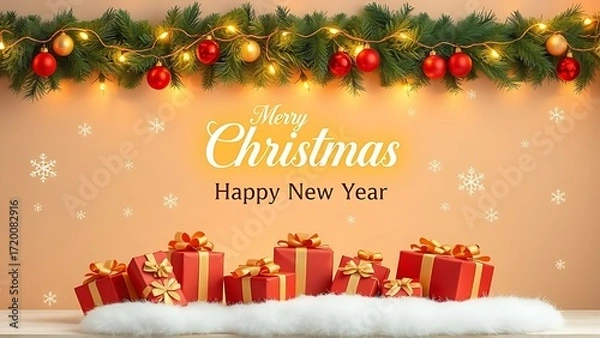 Fototapeta Merry Christmas And Happy New Year Greeting On Frosted Christmas Tree With Red Ornaments