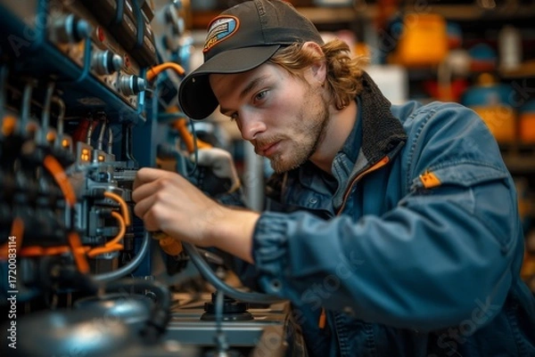 Fototapeta Young technician works on electrical equipment in a workshop focusing on repairs and maintenance for industrial systems