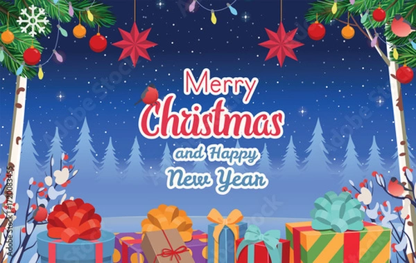 Fototapeta Christmas background with  red retro car carrying a Christmas tree and gifts.Winter forest in winter. Concept of winter and christmas banner, sticker label and greeting card. Cartoon vector