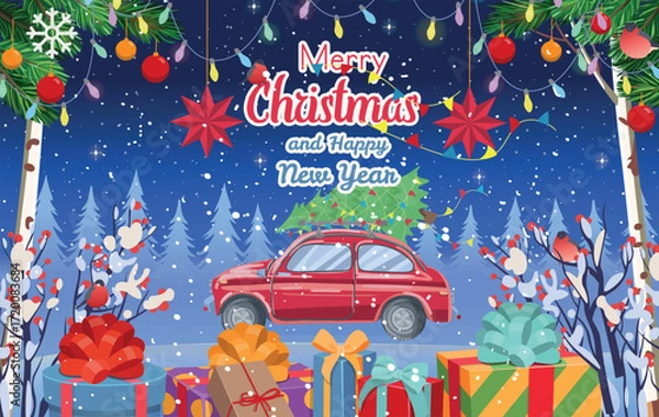 Fototapeta Christmas background with  red retro car carrying a Christmas tree and gifts.Winter forest in winter. Concept of winter and christmas banner, sticker label and greeting card. Cartoon vector