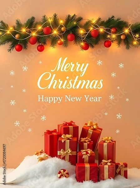 Fototapeta Merry Christmas And Happy New Year Greeting On Frosted Christmas Tree With Red Ornaments