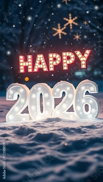 Fototapeta Festive 2026 Celebration Scene With Glittering Numerals In Snowy Forest Under Starry Night