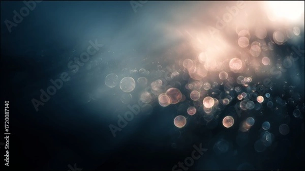 Fototapeta Create stunning visuals with abstract light and bokeh spheres on a deep blue, dreamy backdrop. Perfect for conceptual and creative projects, these elements add a touch of magic and sophistication to