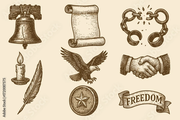 Fototapeta Collection of hand drawn american symbols and icons representing freedom and independence