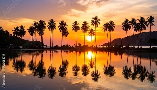 Fototapeta Silhouette palm trees at sunset reflecting on calm water