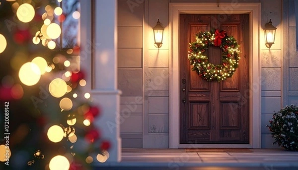 Fototapeta Festive holiday wreath on wooden door with glowing lights, creating warm and inviting atmosphere