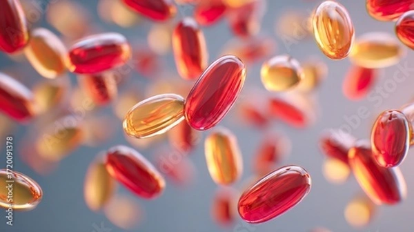 Fototapeta Dive into Floating Capsules: A macro-level exploration of health and wellness supplements, examining their development, consumer adoption, and role in enhancing overall well-being amidst evolving