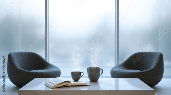 Fototapeta A cozy workspace featuring two chairs, a warm cup of coffee, and a book by the window creates the perfect setting for remote work or relaxing at home. It offers a peaceful, productive atmosphere for