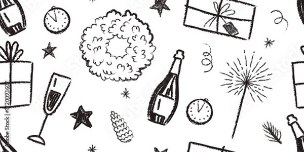Fototapeta A Christmas retro seamless pattern. Doodle Sketch. Textured elements are crafted in a charcoal style. Gift, wreath, star, glass of champagne, sparkler, tinsel, clock, pine cone, fir branch.