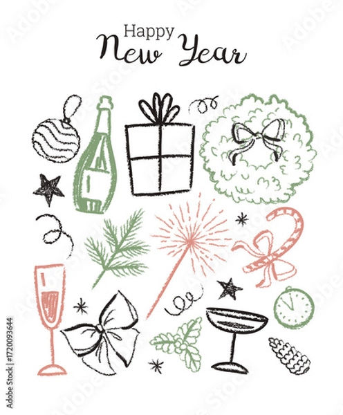 Fototapeta Happy New Year poster. Doodle Sketch. Textured elements are crafted in a charcoal style. Gift, wreath, glass of champagne, sparkler, tinsel, clock, pine cone, mistletoe, fir branch, bow.