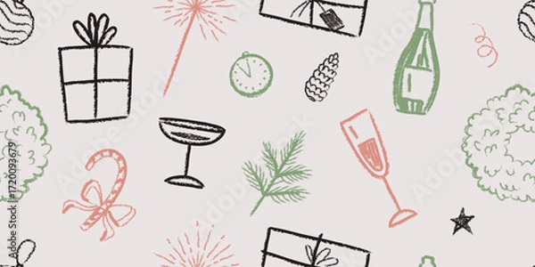 Fototapeta A Christmas retro seamless pattern. Doodle Sketch. Textured elements are crafted in a charcoal style. Gift, glass of champagne, wreath, sparkler, fir branch.