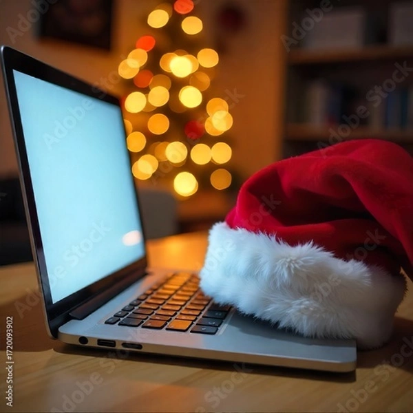 Fototapeta Laptop on desk with Santa hat, blurred Christmas decorations in background, clean festive scene