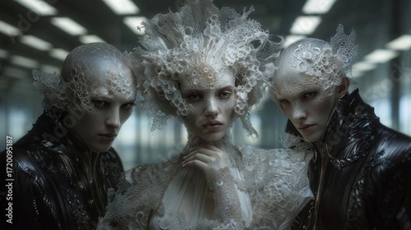 Fototapeta Three Fashion Forward Figures in Intricate Lace Costumes in a Modern Studio Setting