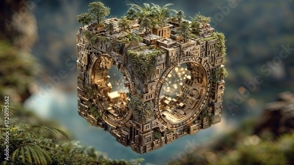 Fototapeta Floating Hexagonal City Cube With Jungle Overgrowth and Ancient Architecture Display