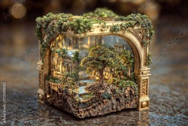 Fototapeta Ornate Gold Frame Diorama With Lush Trees and Miniature Forest Inside