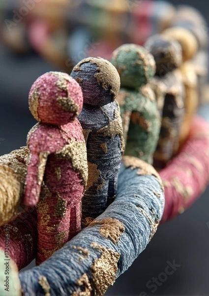 Fototapeta Colorful Thread Figures Representing Partnership and Collaboration in a Network