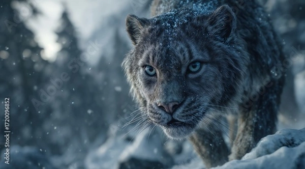 Fototapeta Intense Winter Wolf Close-Up Walking Through Snowy Forest With Blue Eyes