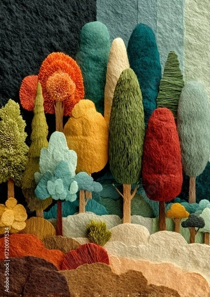 Fototapeta Colorful Layered Paper Cut Forest Scene with Vibrant Trees and Textured Plants