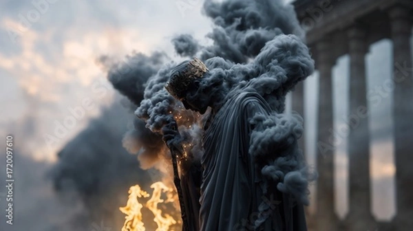 Fototapeta Ancient King Statue Surrounded By Smoke And Fire Beside Columns In Dramatic Destruction Scene