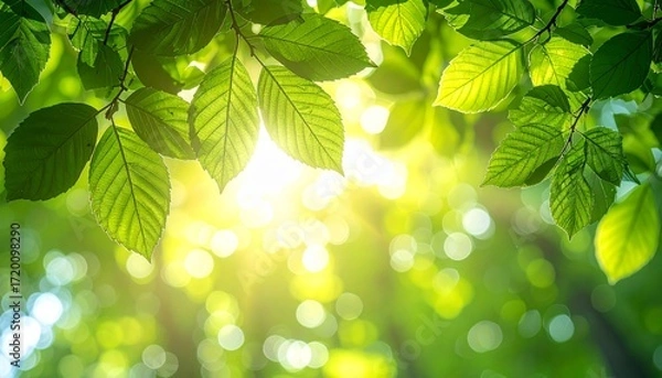 Fototapeta Vibrant green leaves with sunlight filtering through, creating serene and fresh atmosphere