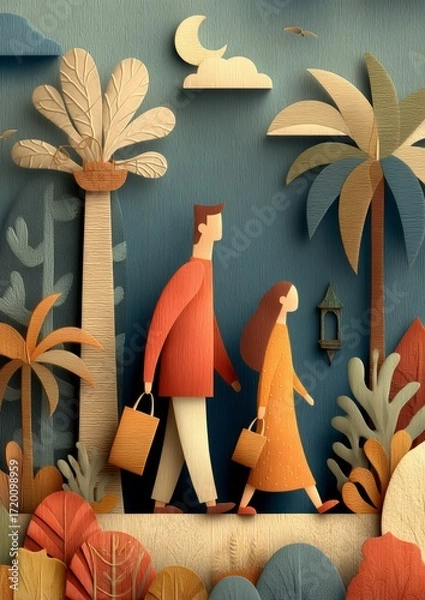Fototapeta Two people walking in a colorful landscape with palm trees and paper cutout style