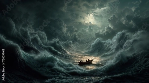Fototapeta Moonlit Boat Navigating Massive Stormy Waves Across A Dark Sea Under Cloudy Sky