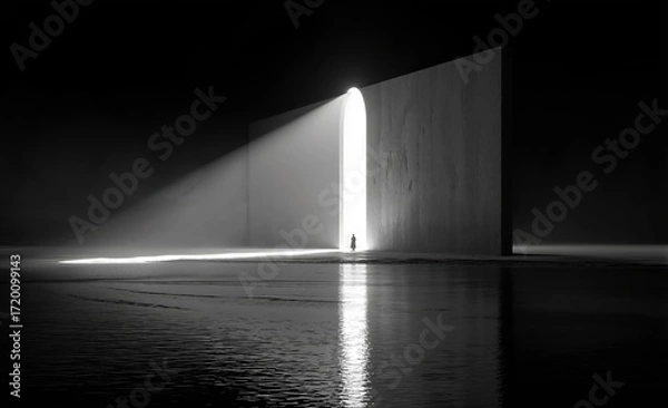 Fototapeta One Person Standing Before A Bright Archway Door In A Dark Minimalist Scene
