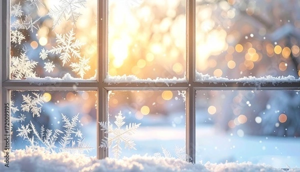 Fototapeta Frosted window with snowflakes and warm sunset glow, creating serene winter scene