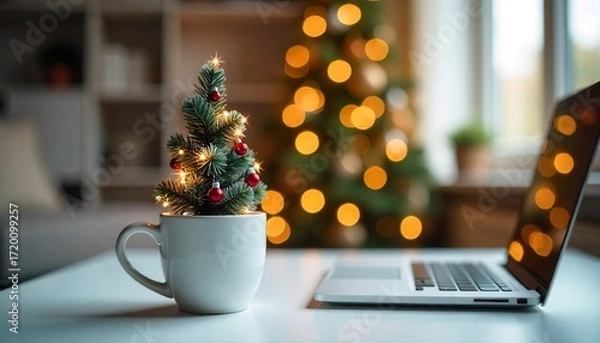 Fototapeta Mini Christmas tree in white mug on desk with laptop and blurred festive lights