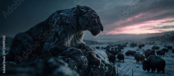 Fototapeta Snow Leopard Resting On Snowy Rock At Dusk With Herd In Remote Winter Landscape