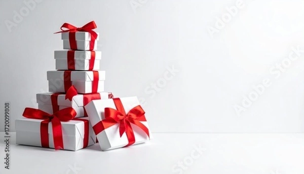 Fototapeta Stacked gift boxes with red ribbons on white background create festive and elegant atmosphere