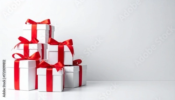 Fototapeta White gift boxes with red ribbons stacked on white surface, creating festive and elegant atmosphere