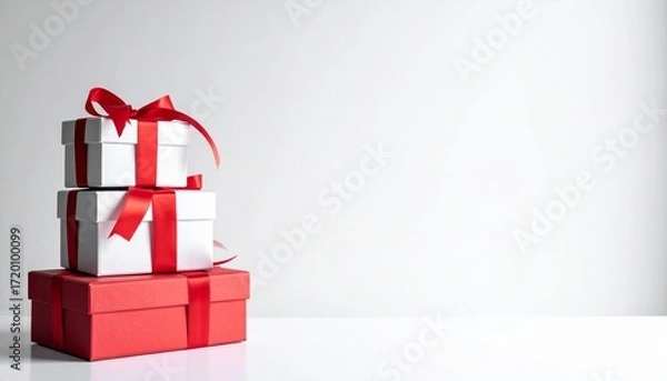 Fototapeta Gift boxes with red ribbons stacked on white surface, creating festive and elegant atmosphere