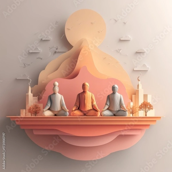 Fototapeta Serene Meditation Scene in Paper Cut Style with Abstract Mountain and Sun