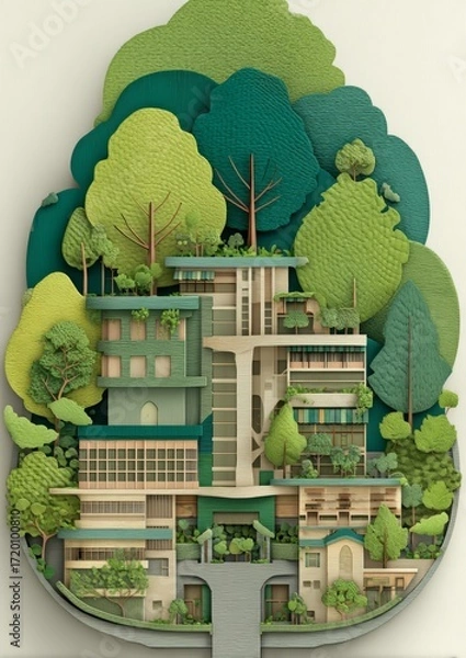 Fototapeta Layered Art Representation of Sustainable School Concept for Children and Nature Engagement