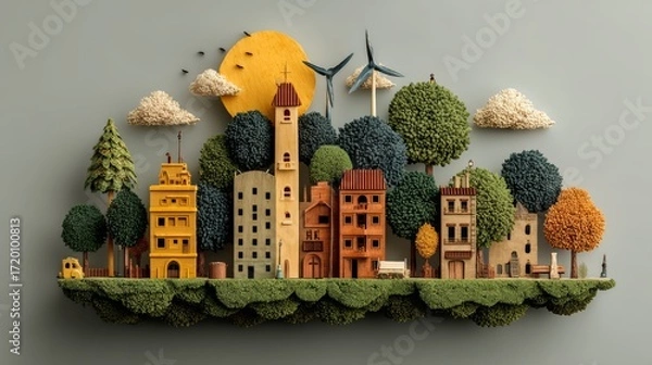 Fototapeta Future Clean Energy Cityscape with Nature Elements in Creative Paper Art Style