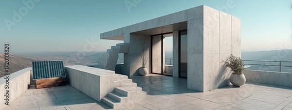 Fototapeta Modern Solar Panel Installation on Minimalist White Rooftop with Scenic View