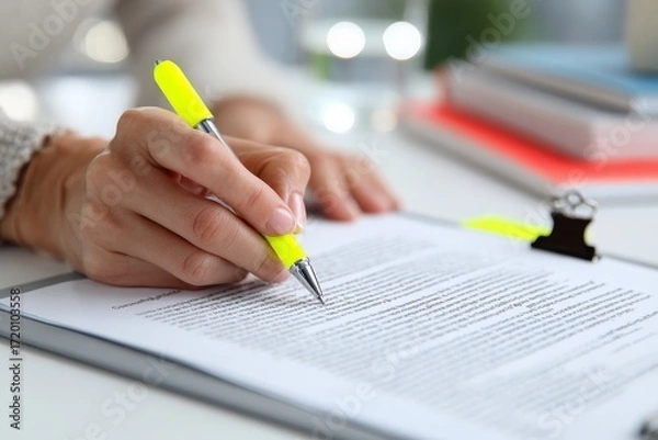 Fototapeta Close-up shot showcasing a hand with a vibrant yellow pen highlighting text on a clipboard. The scene symbolizes focus, learning, and productivity, ideal for business presentations, educational
