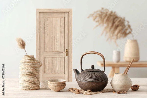Fototapeta beautifully crafted door in japanese minimalist style framed with light smooth surface
