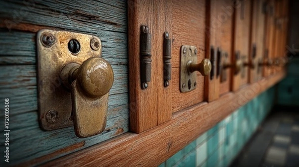 Fototapeta Wooden Lockers with Brass Handles in a Vintage Setting with Weathered Wood and Tiles