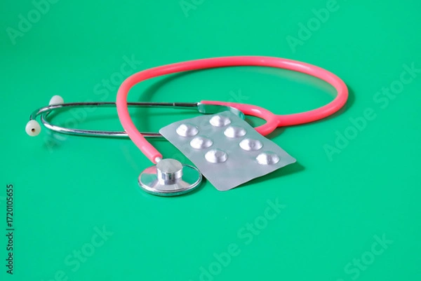 Fototapeta A blister pack of pills and pink stethoscope .