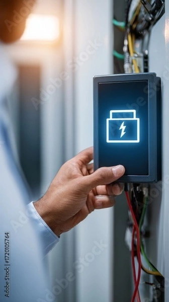 Fototapeta At the workplace, engineers utilize modern technology to test power supply voltage inside electrical panels. They perform energy checks and repairs to ensure safety, efficiency, and reliable