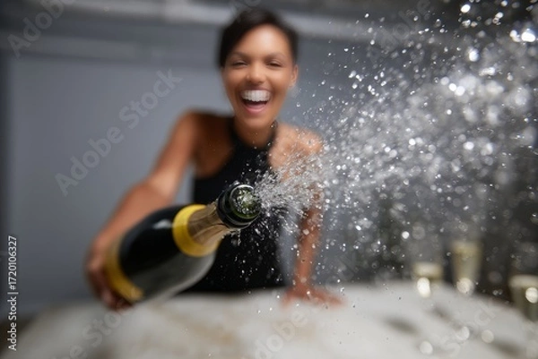 Fototapeta In a moment of pure joy, a woman opens a champagne bottle, creating a splash of excitement and festivity. Her radiant smile and the sparkling bubbles embody the spirit of celebration, making the