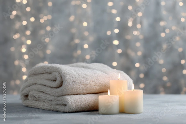 Fototapeta minimalist evening setup featuring cozy blanket and flickering candles set against backdrop of twinkling garlands